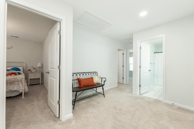 297 Red Leaf Blvd, Moncks Corner, SC 29461 - hallway with light carpet, attic access, baseboards, and recessed lighting