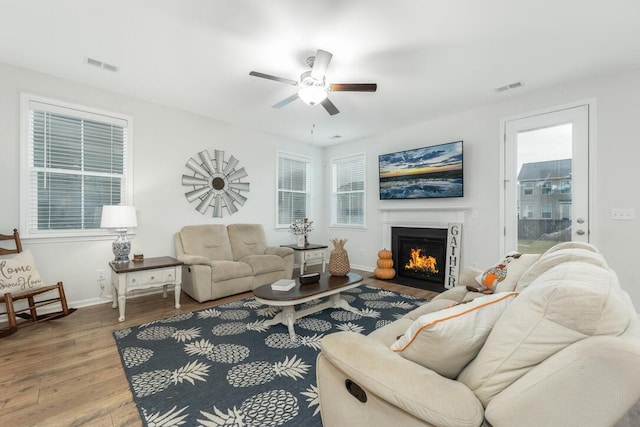 297 Red Leaf Blvd, Moncks Corner, SC 29461 - living area with a ceiling fan, wood finished floors, a fireplace with flush hearth, and plenty of natural light