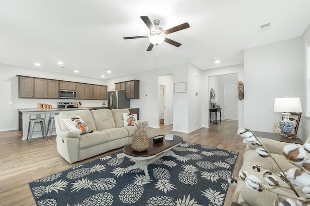 297 Red Leaf Blvd, Moncks Corner, SC 29461 - living room with recessed lighting, ceiling fan, light wood finished floors, and baseboards