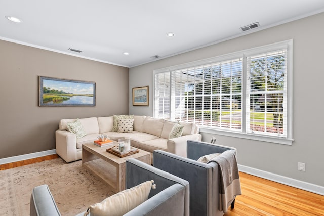 living area with visible vents, baseboards, and ornamental molding