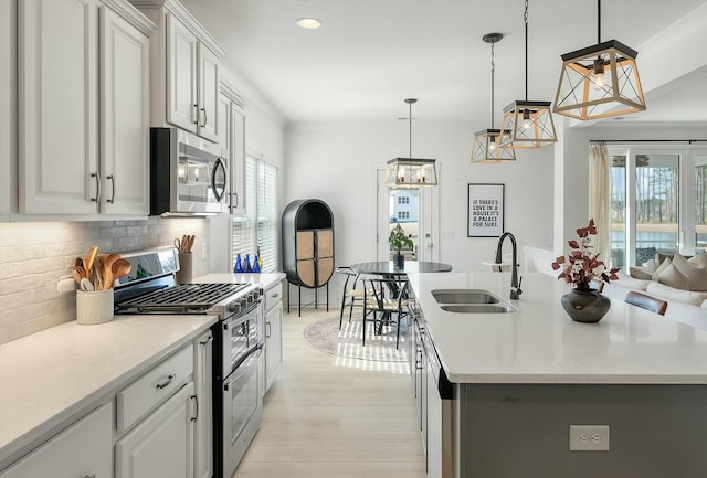 kitchen with sink, hanging light fixtures, an island with sink, stainless steel appliances, and white cabinets