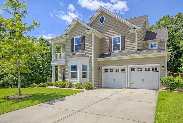 traditional-style house with a balcony, an attached garage, a shingled roof, a front lawn, and concrete driveway