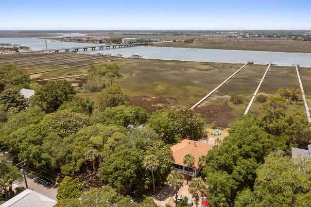 drone / aerial view with a water view