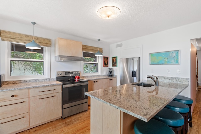 kitchen with sink, ventilation hood, appliances with stainless steel finishes, light brown cabinetry, and light hardwood / wood-style floors