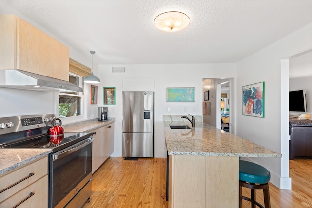 kitchen with light wood-type flooring, appliances with stainless steel finishes, hanging light fixtures, and ventilation hood