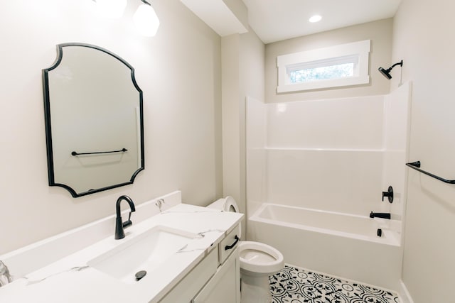 full bath featuring toilet, recessed lighting, tile patterned flooring, shower / bath combination, and vanity