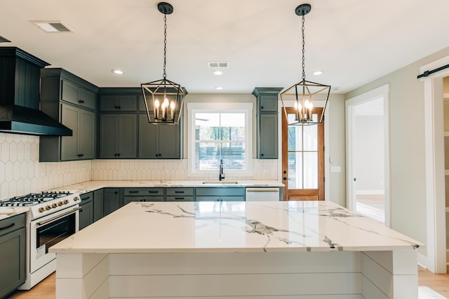 kitchen with a sink, visible vents, white appliances, and a notable chandelier