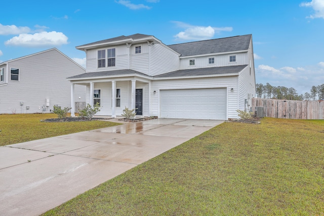 front facade with central air condition unit, a front lawn, covered porch, and a garage