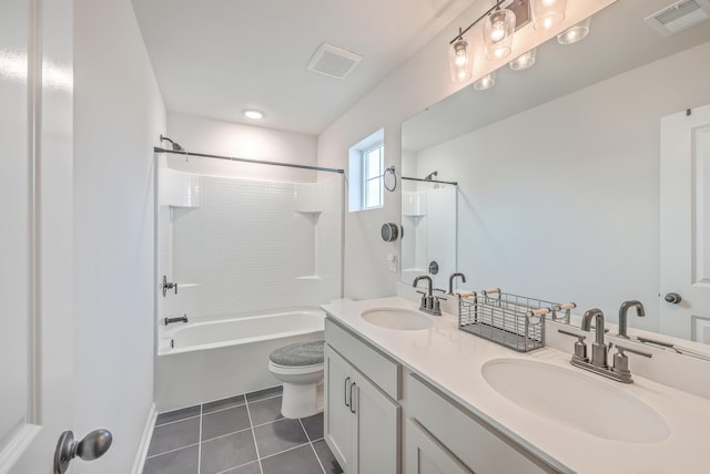 full bathroom with tile patterned flooring, shower / bathing tub combination, vanity, and toilet