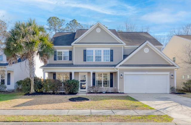 traditional-style house with an attached garage, concrete driveway, and a front yard