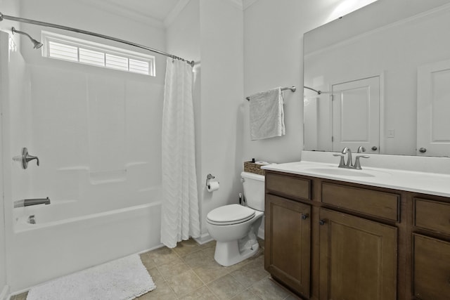 full bath with toilet, ornamental molding, tile patterned floors, shower / bath combination with curtain, and vanity