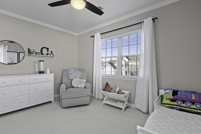 bedroom featuring ornamental molding, carpet flooring, a ceiling fan, and baseboards