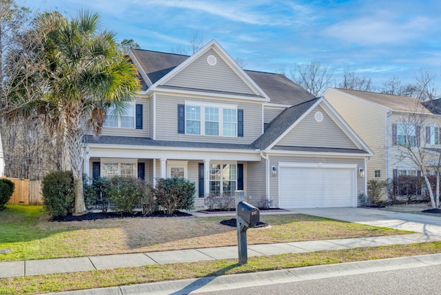 traditional home with concrete driveway, roof with shingles, an attached garage, fence, and a front lawn