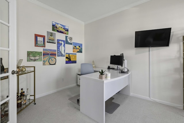 home office featuring ornamental molding, carpet, and baseboards