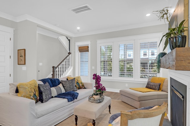 779 Forrest Dr, Charleston, SC 29492 - living room with stairway, recessed lighting, a fireplace, wood finished floors, and baseboards