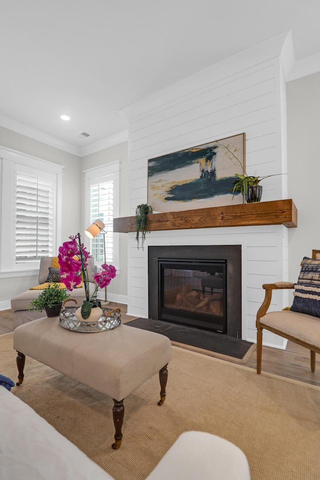 779 Forrest Dr, Charleston, SC 29492 - living room featuring a fireplace, crown molding, baseboards, wood finished floors, and recessed lighting