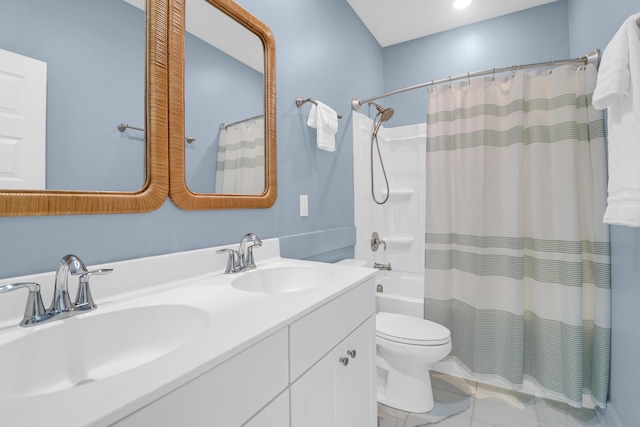 779 Forrest Dr, Charleston, SC 29492 - bathroom with toilet, double vanity, marble look tile flooring, and shower / bath combo with shower curtain