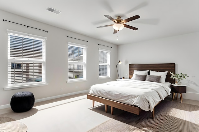 bedroom featuring a ceiling fan, visible vents, and baseboards