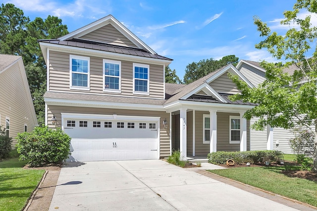 view of front of property with a standing seam roof, a shingled roof, a porch, and concrete driveway