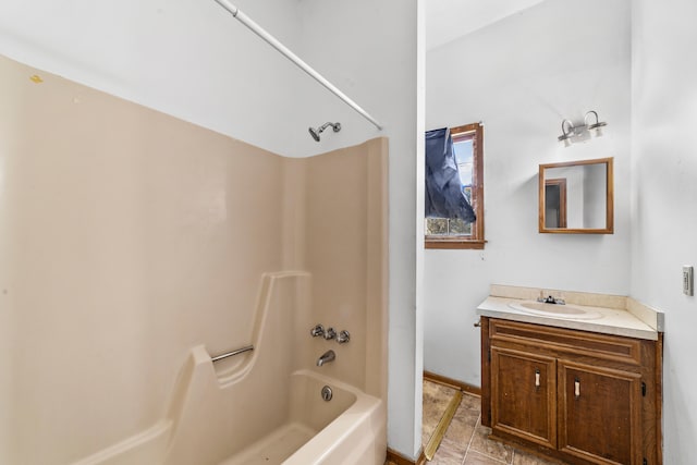 full bath featuring bathing tub / shower combination, vanity, and tile patterned flooring