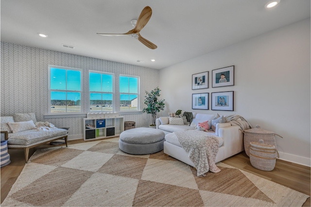 bedroom with visible vents, recessed lighting, wallpapered walls, and baseboards