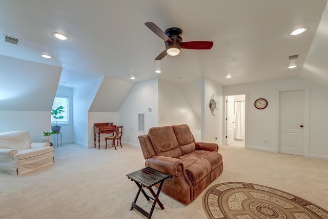 living room with recessed lighting, light carpet, vaulted ceiling, and visible vents