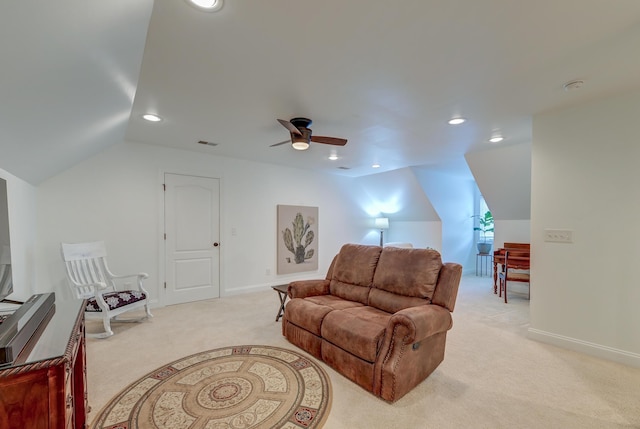 living area with lofted ceiling, recessed lighting, light carpet, visible vents, and baseboards