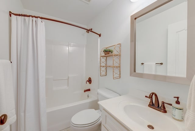 bathroom with toilet, shower / bath combination with curtain, and vanity