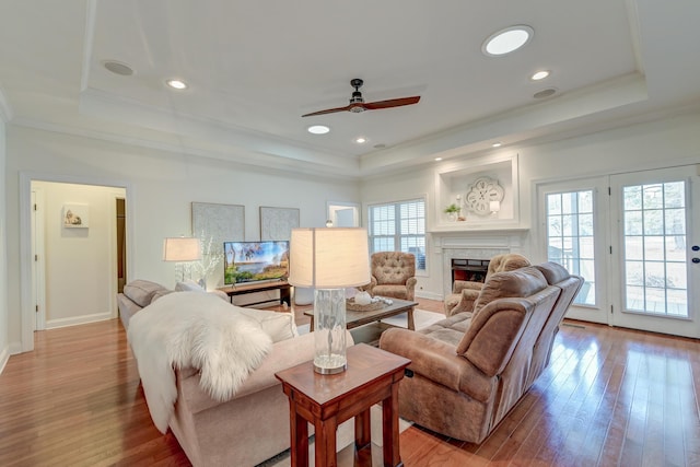 living room featuring hardwood / wood-style flooring, ornamental molding, a raised ceiling, and a high end fireplace