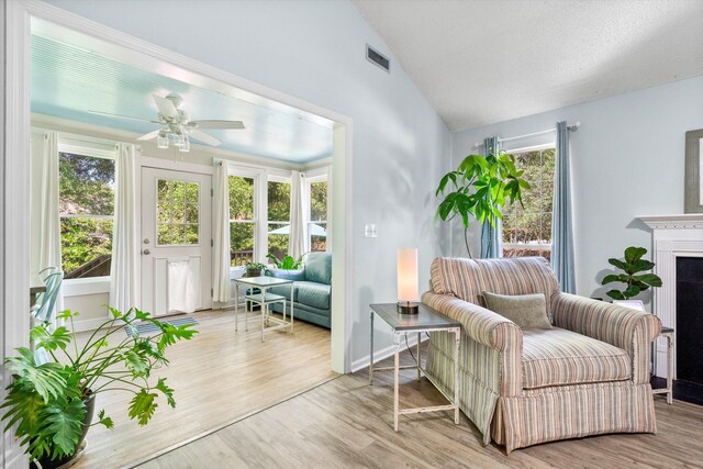 1227 Ocean View Rd, Charleston, SC 29412 - living area featuring lofted ceiling, ceiling fan, wood finished floors, baseboards, and a fireplace