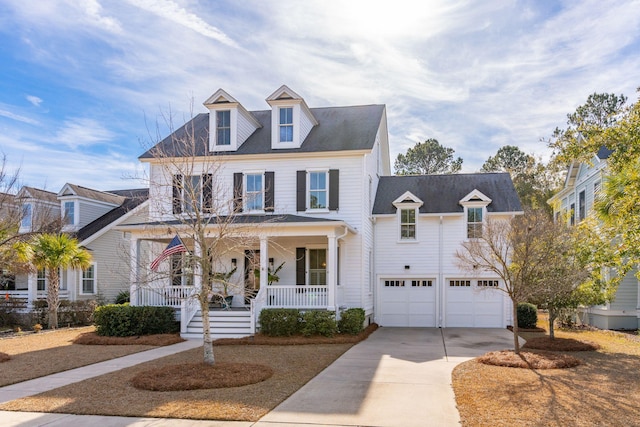 view of front of home with covered porch and a garage