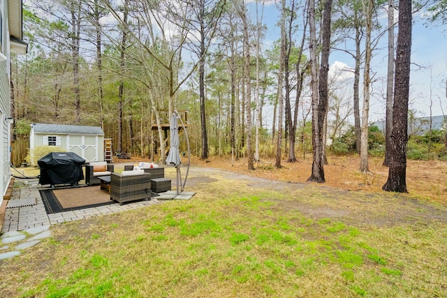 view of yard with a storage shed, a patio area, an outdoor hangout area, and an outdoor structure