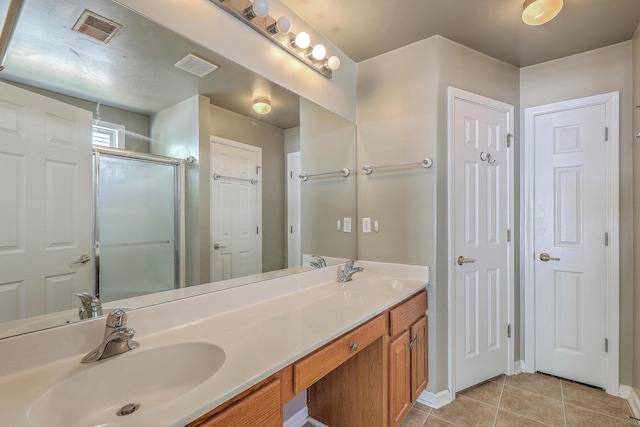 full bath featuring a sink, visible vents, tile patterned flooring, and a stall shower