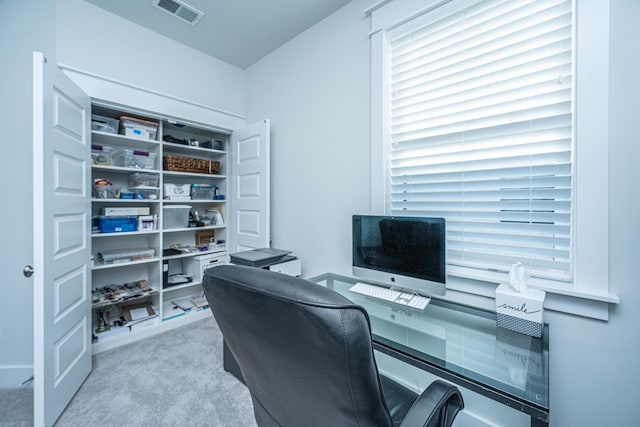 home office featuring light carpet