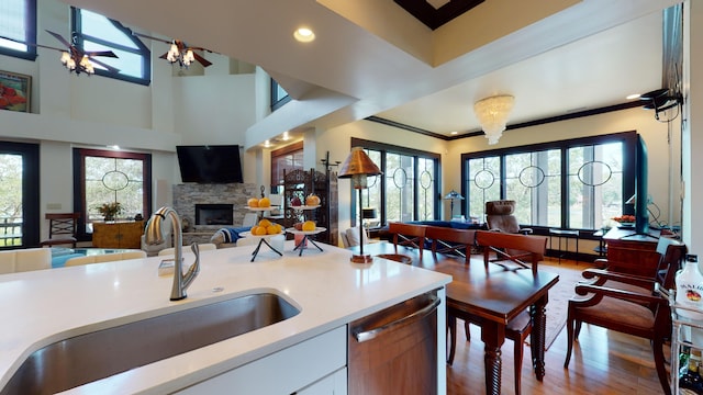 268 Little Oak Island Dr, Folly Beach, SC 29439 - kitchen featuring ceiling fan, light hardwood / wood-style floors, dishwasher, sink, and a fireplace