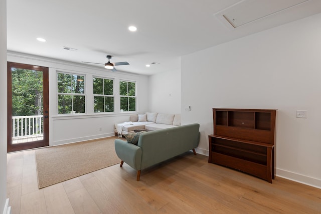 3226 Waverly Ln, Johns Island, SC 29455 - living area with light wood-type flooring, a ceiling fan, recessed lighting, and attic access