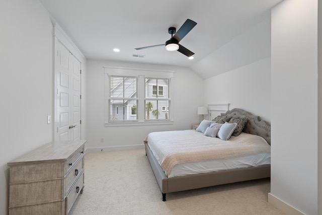 3226 Waverly Ln, Johns Island, SC 29455 - bedroom with light colored carpet, recessed lighting, ceiling fan, and lofted ceiling