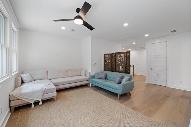 3226 Waverly Ln, Johns Island, SC 29455 - living room featuring wood finished floors, recessed lighting, a ceiling fan, and healthy amount of natural light