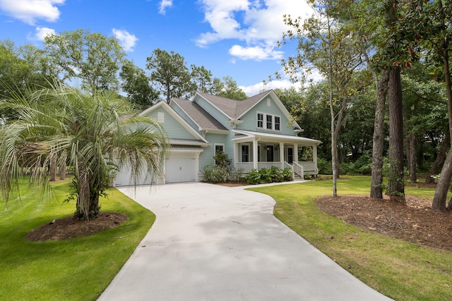3226 Waverly Ln, Johns Island, SC 29455 - view of front of house featuring a porch, concrete driveway, a front lawn, and a garage