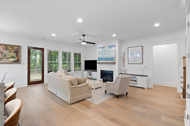 3226 Waverly Ln, Johns Island, SC 29455 - living area with a fireplace, ceiling fan, light wood finished floors, and recessed lighting