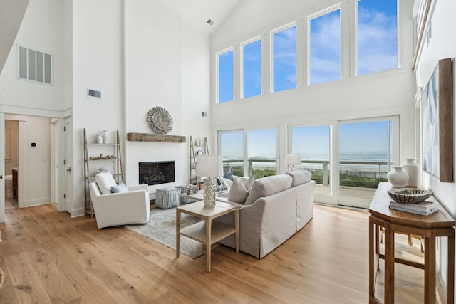 313 E Arctic Ave, Folly Beach, SC 29439 - living area with high vaulted ceiling, light wood-type flooring, a fireplace, a water view, and baseboards