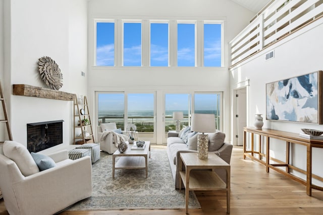 313 E Arctic Ave, Folly Beach, SC 29439 - living room with high vaulted ceiling, wood finished floors, and a fireplace