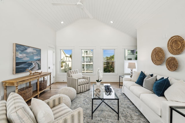 313 E Arctic Ave, Folly Beach, SC 29439 - living area with light wood-style floors, a ceiling fan, lofted ceiling, baseboards, and recessed lighting