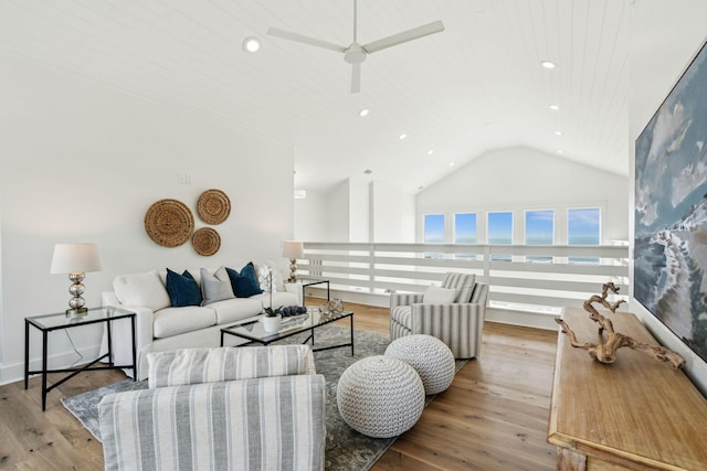 313 E Arctic Ave, Folly Beach, SC 29439 - living room featuring ceiling fan, vaulted ceiling, wood finished floors, and recessed lighting