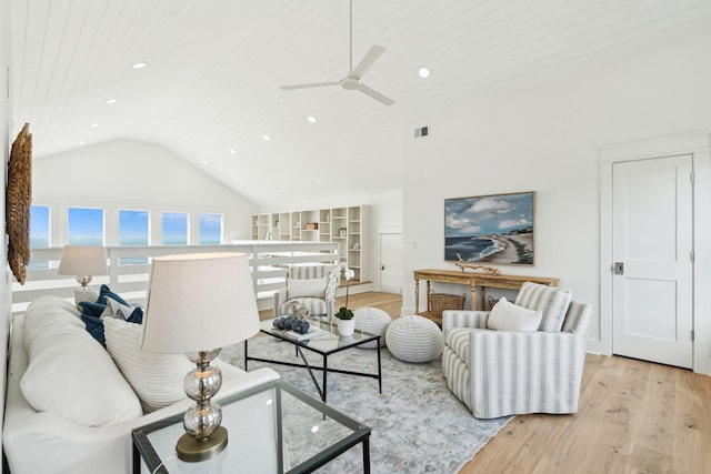 313 E Arctic Ave, Folly Beach, SC 29439 - living area with light wood-style floors, vaulted ceiling, ceiling fan, recessed lighting, and wooden ceiling
