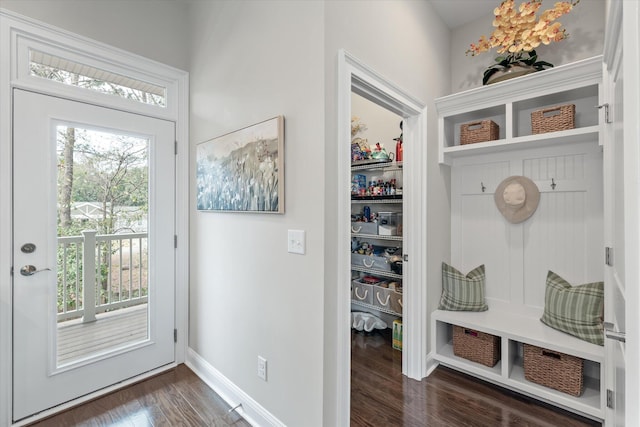 mudroom with dark wood-type flooring and baseboards