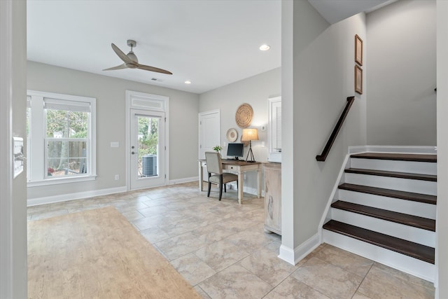 interior space with recessed lighting, visible vents, ceiling fan, and baseboards