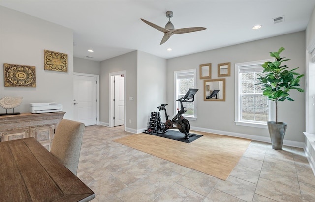 exercise area featuring baseboards, ceiling fan, visible vents, and recessed lighting