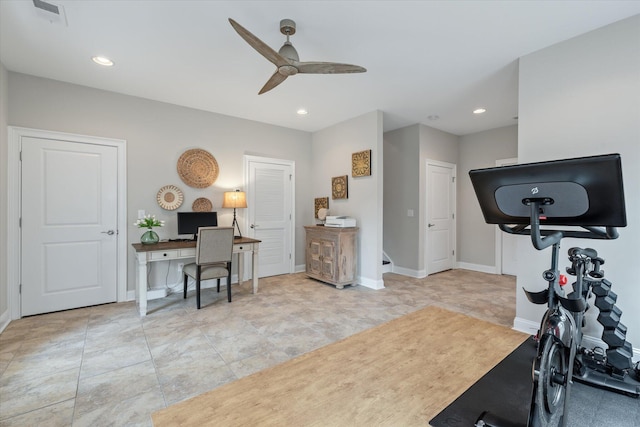 office area with ceiling fan, visible vents, baseboards, and recessed lighting