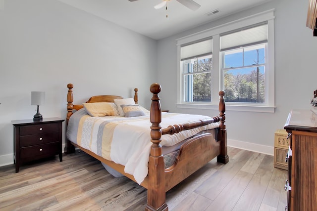 bedroom with visible vents, baseboards, ceiling fan, and light wood finished floors